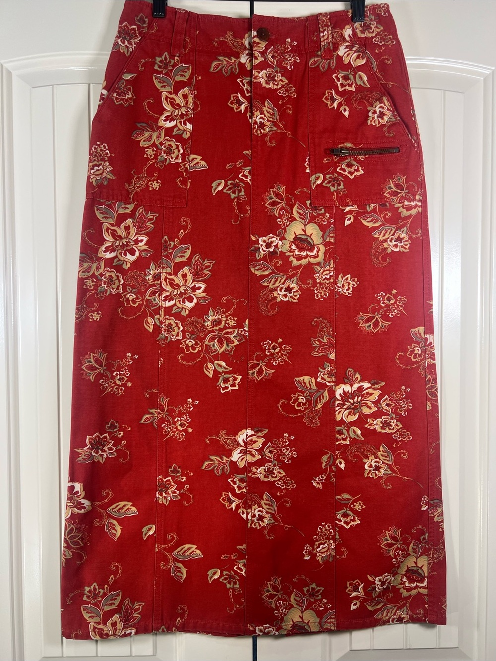 Vintage Eddie Bauer Floral Denim Maxi Skirt Cargo Picket Rust Red Utility 90s—-4